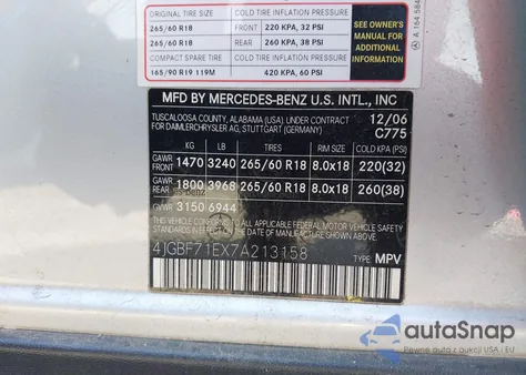 2007 Mercedes-Benz Gl 450 4Matic z USA, uszkodzony, nr VIN 4JGBF71EX7A213158